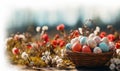 Colorful painted Easter eggs in basket in fresh green grass in the spring. Blue sky and colorful flowers. Happy Easter Royalty Free Stock Photo