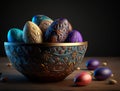 Colorful painted easter eggs in bowl. dark background. spring holiday. generative ai Royalty Free Stock Photo