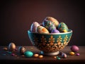 Colorful painted easter eggs in bowl. dark background. spring holiday. generative ai Royalty Free Stock Photo