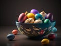 Colorful painted easter eggs in bowl. dark background. spring holiday. generative ai Royalty Free Stock Photo