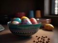 Colorful painted easter eggs in bowl. dark background. spring holiday. generative ai Royalty Free Stock Photo