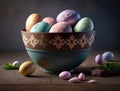 Colorful painted easter eggs in bowl. dark background. spring holiday. generative ai Royalty Free Stock Photo
