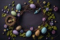 Easter composition with a wreath of colorful painted eggs in pastel colors and spring flowers. Generative AI Royalty Free Stock Photo