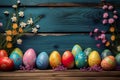 Colorful Painted Easter Eggs And Flowers On Wooden Table Background - Generative AI Royalty Free Stock Photo