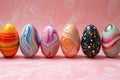 colorful painted easter eggs on a pink background, in the style of multiple patterns, vibrant. Generative AI
