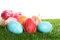 Colorful painted Easter eggs and spring flowers on green against white background Royalty Free Stock Photo