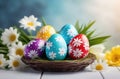 colorful painted eggs in a nest, eggs decorated with ornaments and a pattern of flowers, a wicker basket, spring flowers