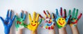 The colorful painted hands of children showcasing creativity and joy..AI generated image Royalty Free Stock Photo