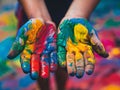 Colorful Painted Hands United in Artistic Expression and Inclusion