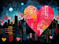 Colorful painted heart over cityscape background. Love and romance concept