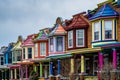 The colorful Painted Ladies row houses, on Guilford Avenue, in Charles Village, Baltimore, Maryland