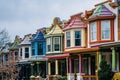 The colorful Painted Ladies row houses, on Guilford Avenue, in Charles Village, Baltimore, Maryland