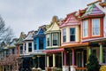 The colorful Painted Ladies row houses, on Guilford Avenue, in Charles Village, Baltimore, Maryland