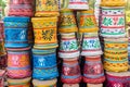 Colorful painted plant pots at a garden center display for sale Royalty Free Stock Photo