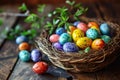 Colorful painted pockmarked many small Easter eggs in wicker basket like bird nest on wooden table.