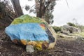 Colorful painted rock: facts about Lake Tota and portrait of an indigenous man
