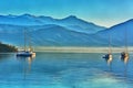 Colorful painting of anchored yachts at misty morning