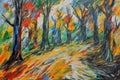 colorful painting of autumn landscape with trees and foliage in the backgroundcolorful painting of