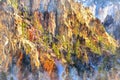 Colorful painting of beautiful mountain landscape at Yellowstone National Park, USA.