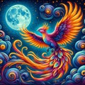 A colorful painting of a beautiful phoenix, with the full blue moon on the background, Van Gogh style, fantasy art, magical.animal