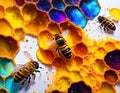 Colorful Painting of bees working at bee honeycomb. (Generative ai)
