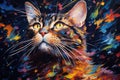 Colorful painting of a cat with a multicolored background, Postimpressionism cat, AI Generated
