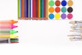 Colorful painting and drawing materials, white background, copy space for text Royalty Free Stock Photo