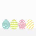 Colorful painting Easter egg set. Row of painted eggs shell. Heart, star, dot, line striped shape pattern. Light color. White back