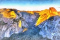 Colorful painting of Glacier Point at sunset, Yosemite National Park, California, USA. Royalty Free Stock Photo