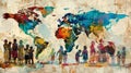 A colorful painting of a group of people standing in front of a world map Royalty Free Stock Photo