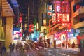 Colorful painting of people walking on city street at night