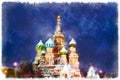 Colorful painting of Saint Basil`s Cathedral at night