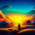 Colorful painting of sunset at rice field in Bali, Indonesia Generative AI