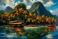 Colorful painting of tropical island with palm trees, boats and mountains Royalty Free Stock Photo