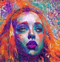 Colorful painting of a woman with an expressive face. Imitated traditional art.