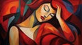 Colorful Painting Of Woman In Red: A Soft Cubism Masterpiece Royalty Free Stock Photo