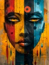 a colorful painting of a woman s face divided in half Royalty Free Stock Photo