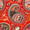 Colorful Paisley seamless pattern. Red Indian backdrop