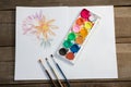 Colorful palette, paintbrushes and paper on wooden surface
