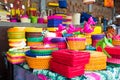 Colorful palm leaf basket on display in a retail market