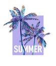 Colorful palm trees with typography SUMMER on a lilac background. Vector template for printing on shirt, cover, postcard