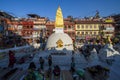 Colorful panorama cityscape of Boudhanath stupa.Buddha temple with people