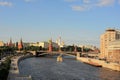 Colorful panorama of Moscow - Kremlin, Moskva river embankment, Big stone bridge, pleasure boat,, Russia, Europe.