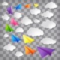 colorful paper airplanes with white clouds with shadows Royalty Free Stock Photo