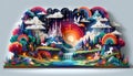 Colorful paper art fantasy landscape illustration Royalty Free Stock Photo
