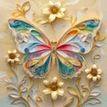 Quilling Butterfly with Golden Flowers, Delicate Papercraft Art, Vibrant Colors Royalty Free Stock Photo