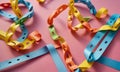 Colorful paper chains in various colors, including blue, yellow, orange, and green, are arranged in playful