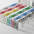 Colorful paper clips are arranged in parallel rows and standing upright on a white surface. The Royalty Free Stock Photo