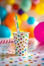 Colorful paper cup with multi-colored straw in it. Generative AI Royalty Free Stock Photo