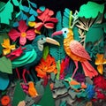 Colorful paper cut style illustration of tropical birds in jungle surrounded by flowers Royalty Free Stock Photo